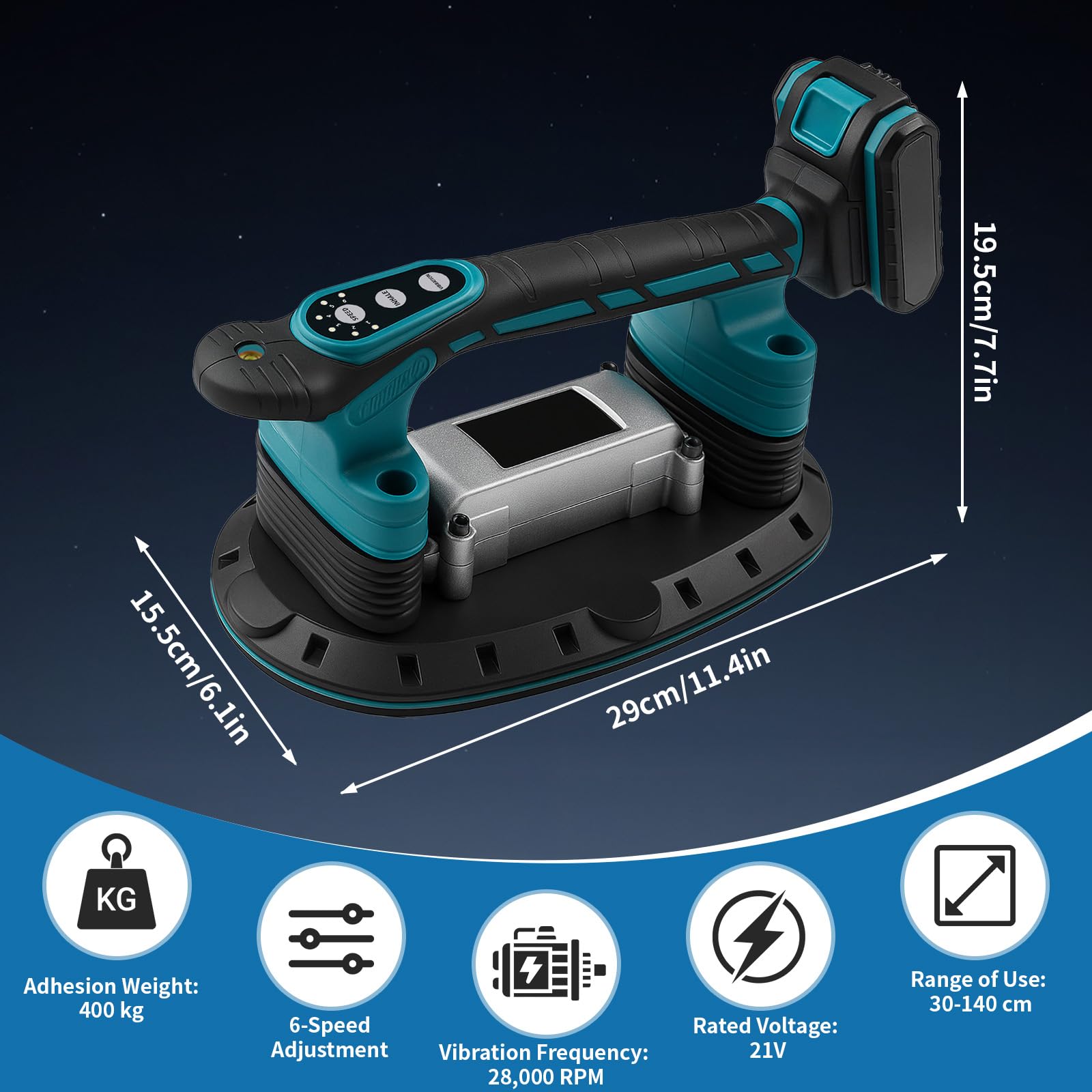 Vibratore per piastrelle a batteria, compatibile con batteria Makita 21 V, dispositivo di vibrazione per piastrelle con ventosa da 400 kg e 6 marce, regolabile 28000 giri/min, vibratore automatico per