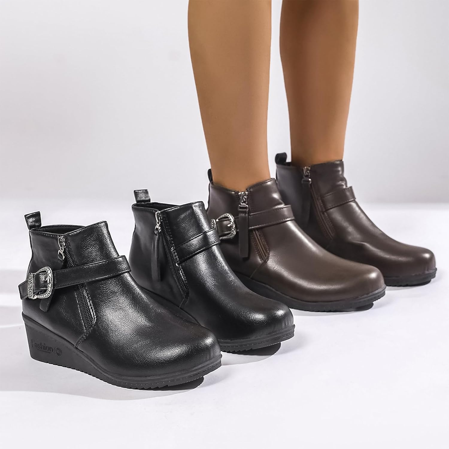 Women's Faux Leather Wedge Ankle Boots Fashion Round Toe Booties with Side Zipper Decorative Buckle Comfortable All-Day Footwear for Daily Casual Wear