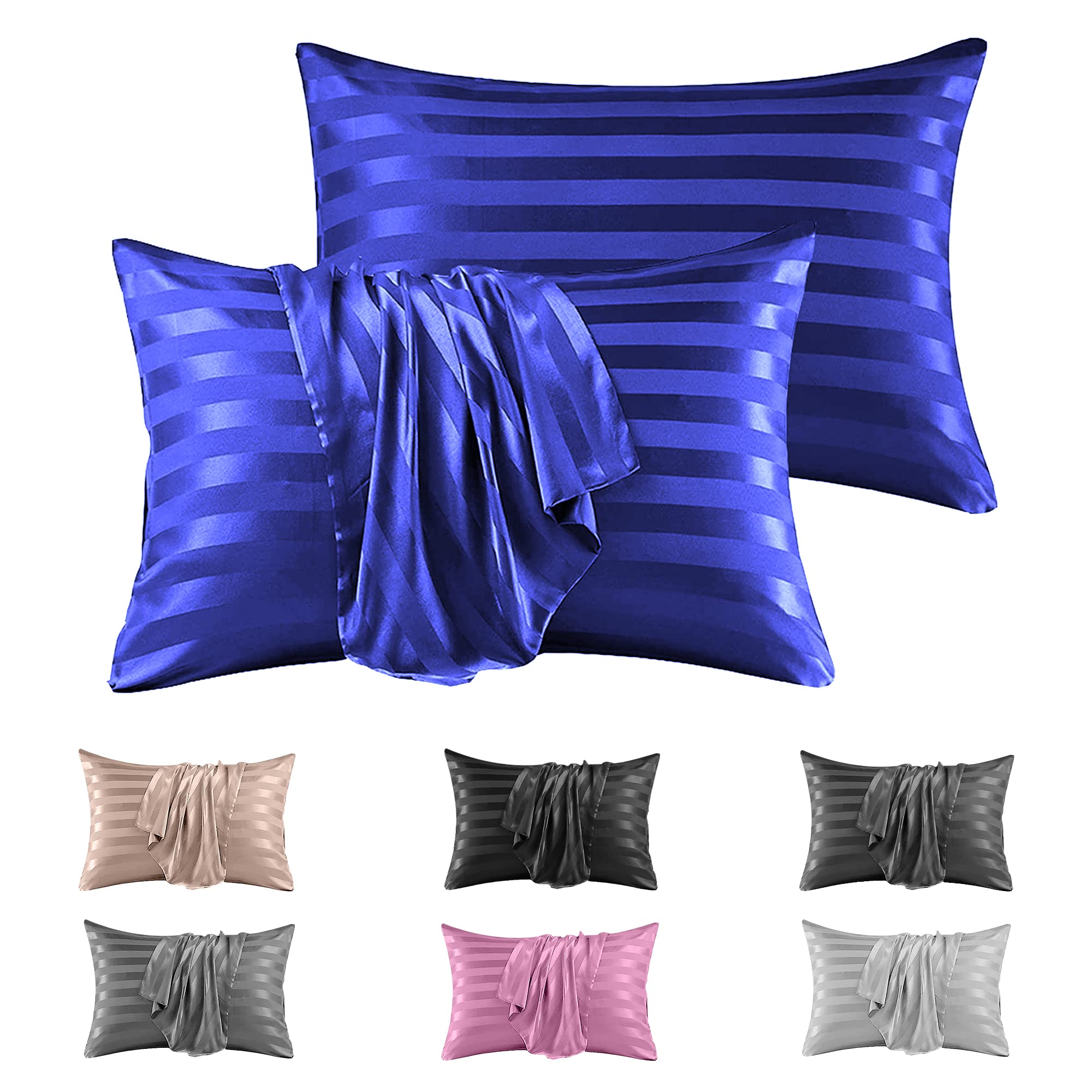 Silk Pillowcase Stripe Satin Pillowcase 2 Pack - Luxurious Satin Pillow Cases 50 x 75 cm for Hair and Skin Care, Envelop Enclosure Pillowcases Set (Blue 2 Pcs)