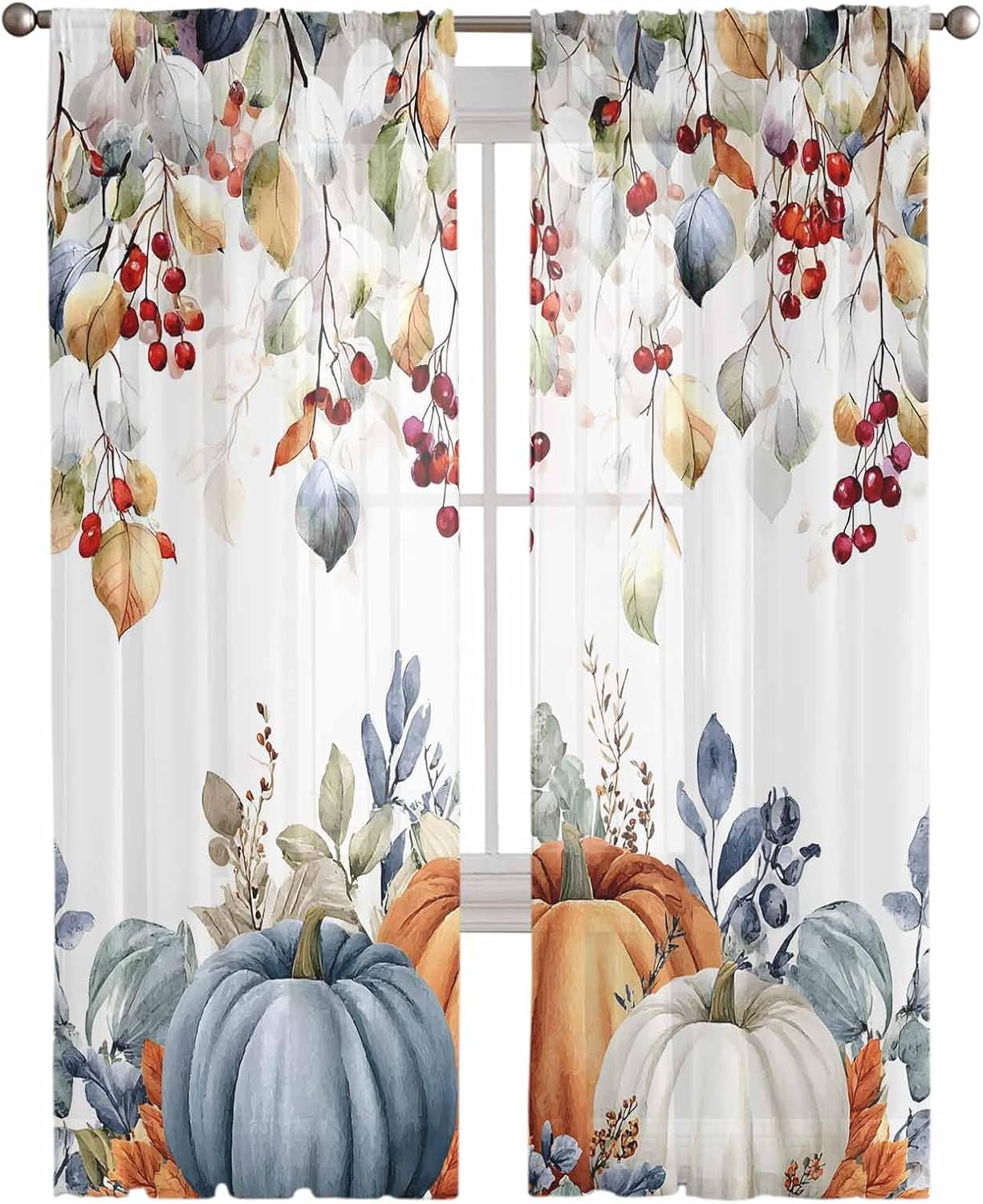 Thanksgiving Sheer Curtains 108 Inches Length 2 Panels Set Chiffon Curtain Sheers for Living Room, Fall Orange Blue Pumpkin Eucalyptus Leaves Rod Pocket Window Drapes Sheer Privacy Curtains Panels