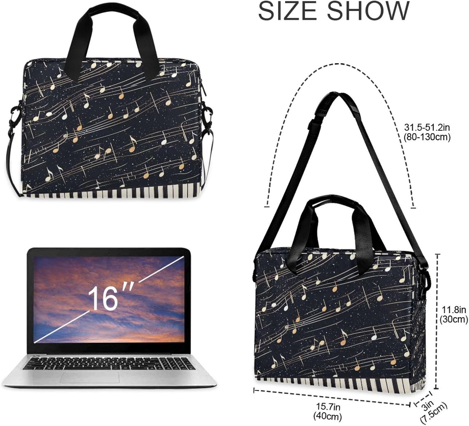 Music Musical Notes Piano 15.6 Inch Laptop Bag Briefcase for Business, Water-Resistant Computer Bag Fits 14-16 Inch Notebook for Men Women, Office Travel Work Backpack