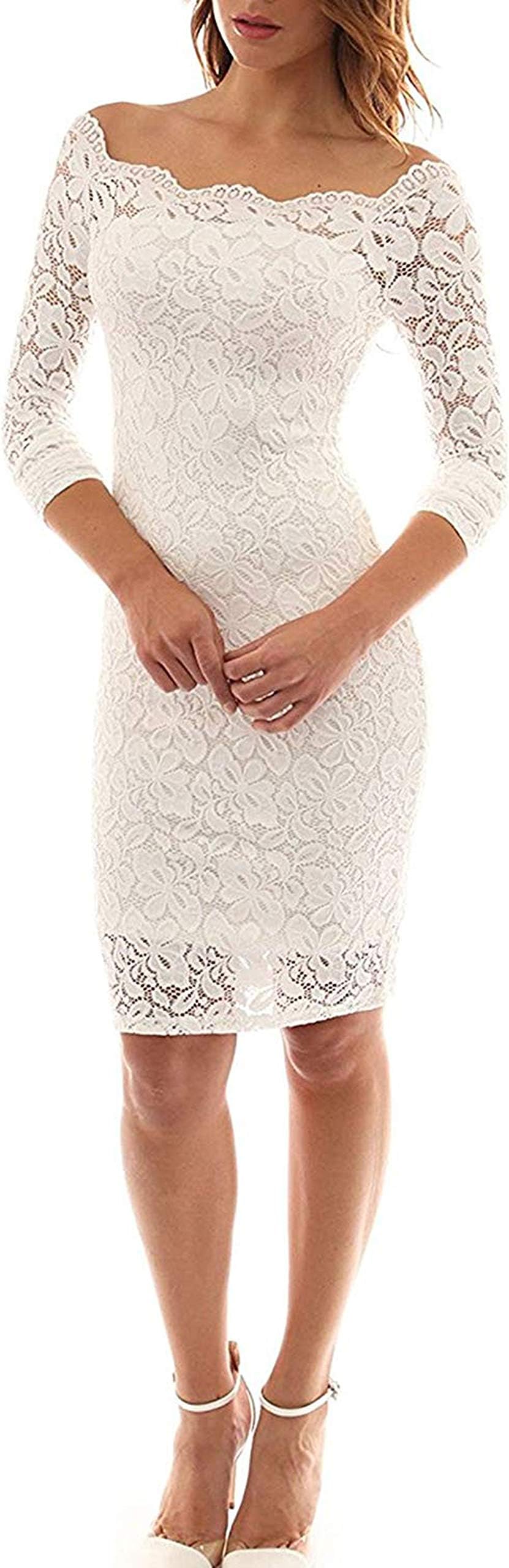 LITTLEPIG Women's Off Shoulder Elegant Lace Hollow Dress Long Sleeve Bodycon Cocktail Party Wedding Dresses White