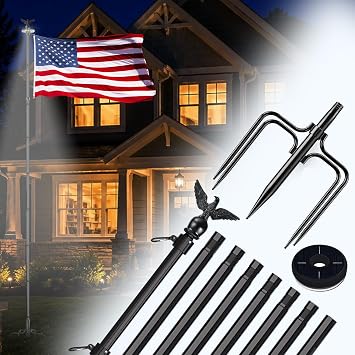 LETSTRY 12 FT In-Ground Flag Pole for Outside House with Solar Light, Heavy Duty Flagpole with Upgraded 5-Prong Base, Portable Mount Flapoles Kit for Yard, Garden Decor, Residential Commerical, Black