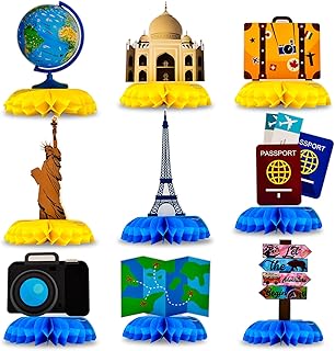 9PCS Travel Themed Party Decorations Honeycomb Centerpieces Adventure Party Decorations Around the World Decorations Travel Table Toppers for Baby Shower Retirement Birthday Party