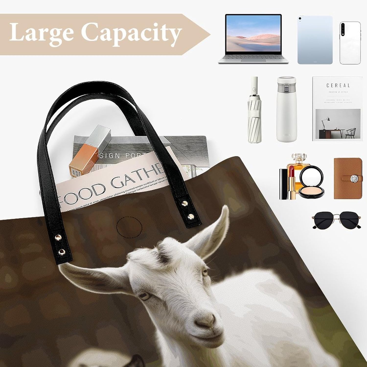 Cute Goat Handbags Large Capacity, Tote Bag Stylish Slouchy, Shoulder Bags for Work Beach Travel And Shopping Grocery.