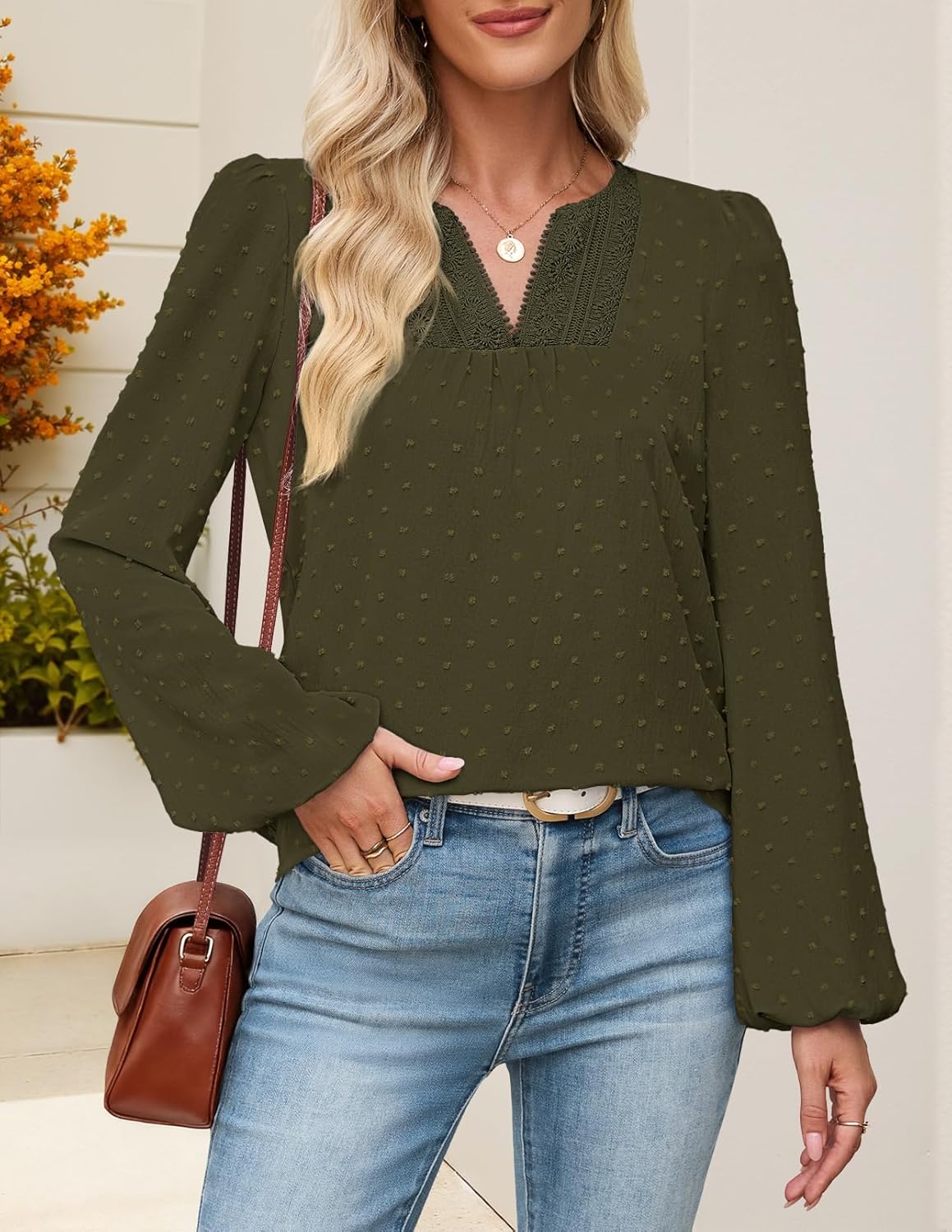 MEROKEETY Women's Fall Long Sleeve Blouse Shirt 2025 Dressy Casual Crochet Lace V Neck Swiss Dot Tops - Image 6