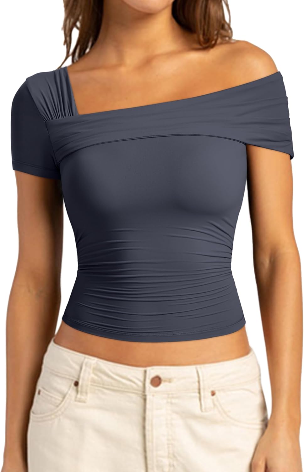 SUUKSESS Women One Off The Shoulder Summer Tank Tops Ruched Short Sleeve Shirts