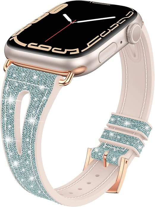 Amazon.com: Goton Correa fina para Apple Watch de 1.614 in, 1.575 in, 1.496  in, serie 7 SE 6 5 4 3 2 1, correa de silicona con purpurina para mujer,  accesorios compatibles