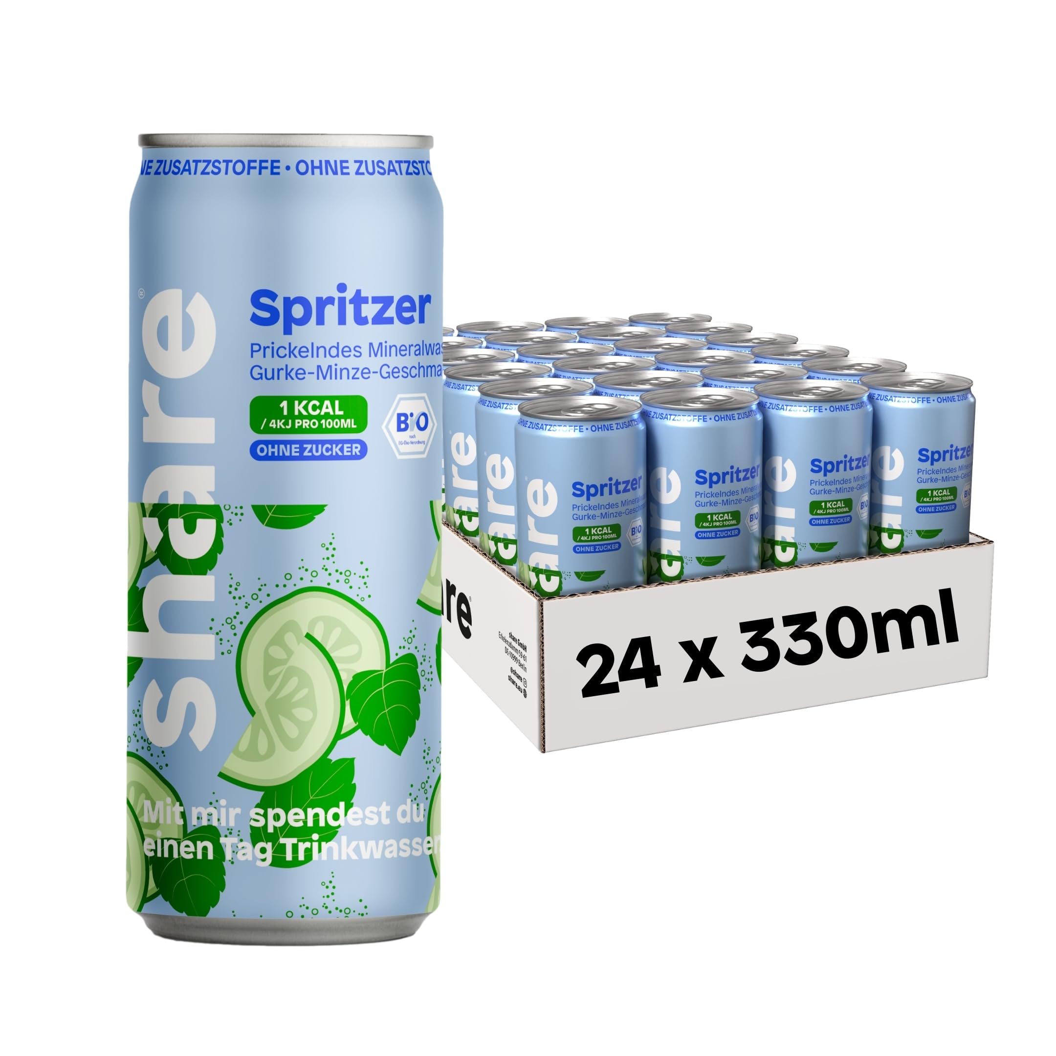 share Bio Spritzer Gurke Minze - Wasser mit Geschmack (24x330ml) | Ohne Zucker, 1 kcal pro 100 ml, Spritzig fruchtig – Bio-Mineralwasser ohne Zusatzstoffe – Jeder Kauf spendet