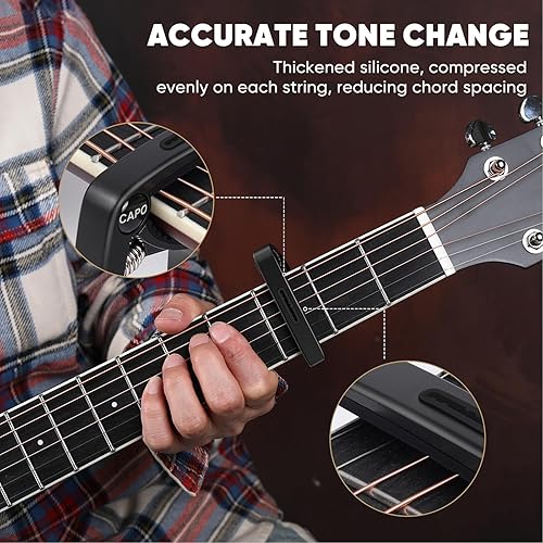 Miniatura 5 de Cejilla de guitarra, cejilla de metal de zinc 3 en 1 para guitarras acústicas y eléctricas (con soporte para púas y 4 púas), ukelele, mandolina,