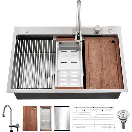 33x22 Waterfall Kitchen Sink with Faucet Combo - 33x22 Drop In Kitchen Sink and Faucet Combo Set,16 Gauge Stainless Steel Waterfall Sink, 10" Deep Single Bowl Workstation Sinks with Accessories