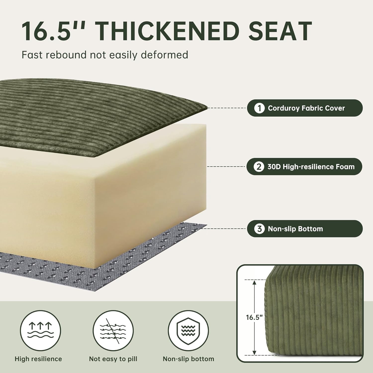DURASPACE 108" Sectional Couch L Shaped Sofa Boneless Foam Cloud Couches with Chaise, Fluffy Plush Corduroy Modular Couches for Living Room (Green, Right Facing Chaise)
