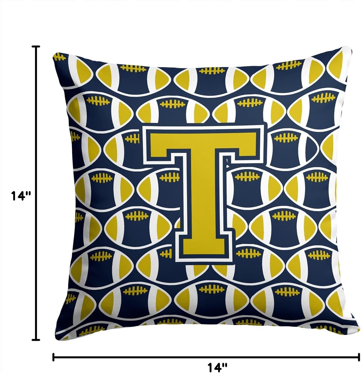 Caroline's Treasures CJ1074-TPW1414 Letter T Football Blue and Gold Fabric Decorative Pillow Machine Washable, Indoor Outdoor Decorative Pillow for Couch, Bed or Patio, 14Hx14W