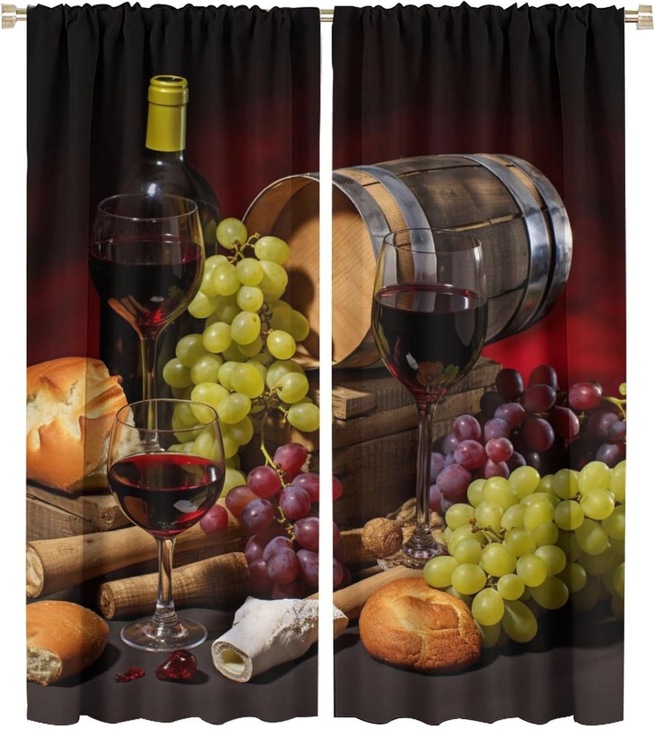 Vintage Wine Curtain, Beverage Theme Collage Wooden Background Wine, Vintage Wooden Wine Barrel Beverage Theme Curtain, Living Room Kitchen Restaurant Blackout Decorative Curtain Rod Pocket 42x54in