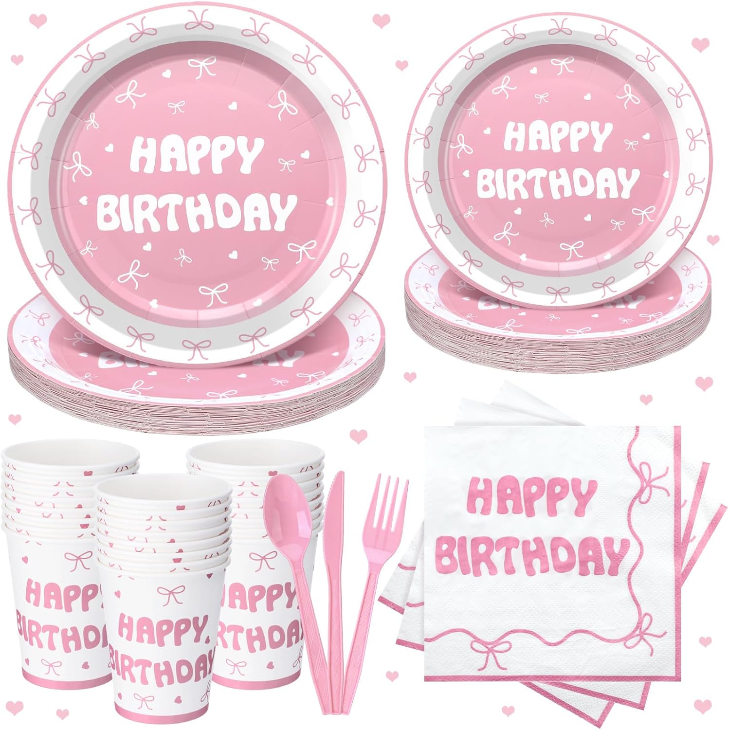 168 Pcs Bow Party Favors Coquette Birthday Decorations Wedding Spring Pink Bow Birthday Supplies Includes Pink Napkins Plates Forks and Theme Tableware Party Supplies Decor
