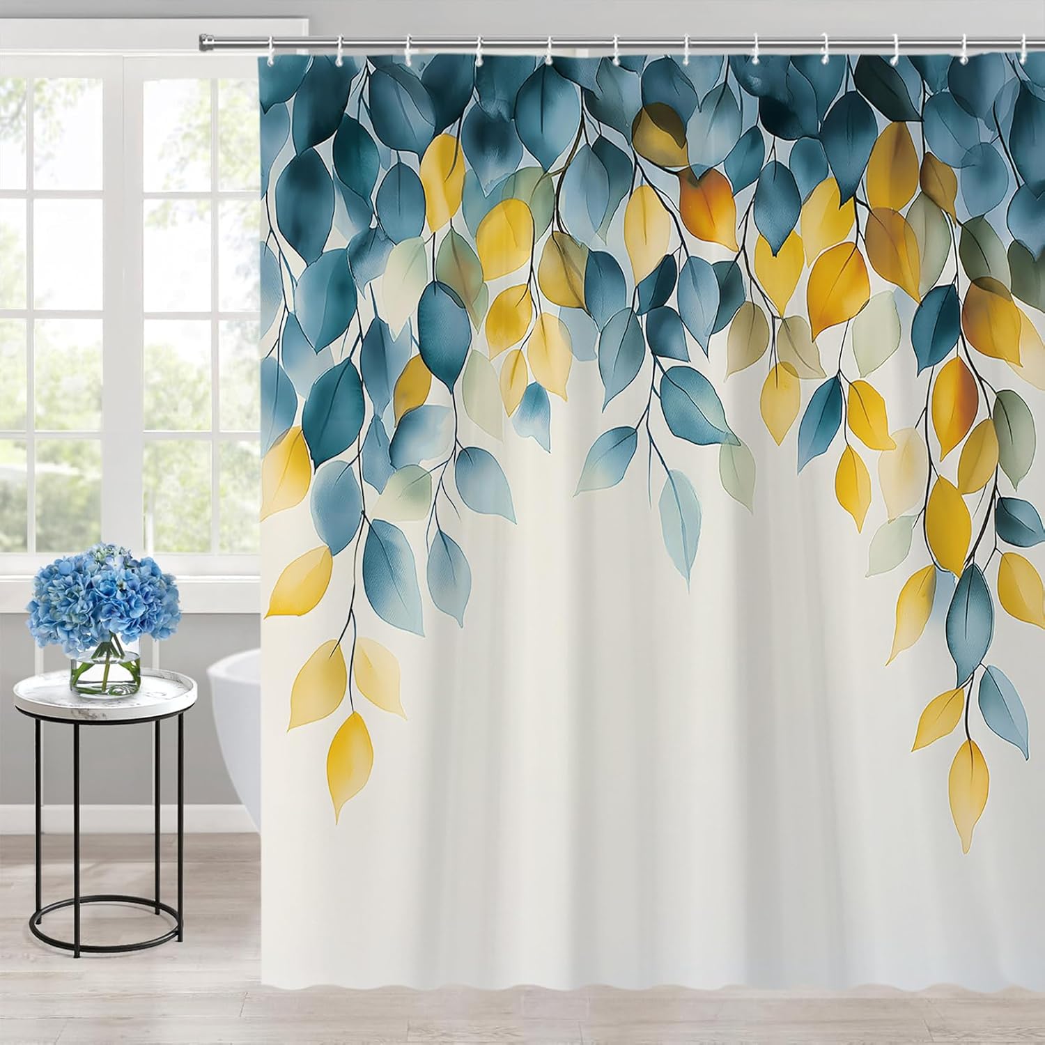 Boho Leaf Floral Shower Curtain Blue Yellow Leaves Spring Summer Modern Colorful Botanical Country Farmhouse Vine Bathroom Polyester Curtains Set with Hooks 70x84 Inch
