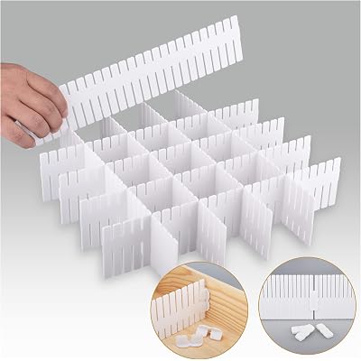 Momoi 44Pcs Drawer Dividers Adjustable with Fixed Buckle,12.6 * 2.76in,Drawer Organizer for Socks, Underwear, Makeup, Kitchen, Bedroom, Dresser,White(32 * 7cm)