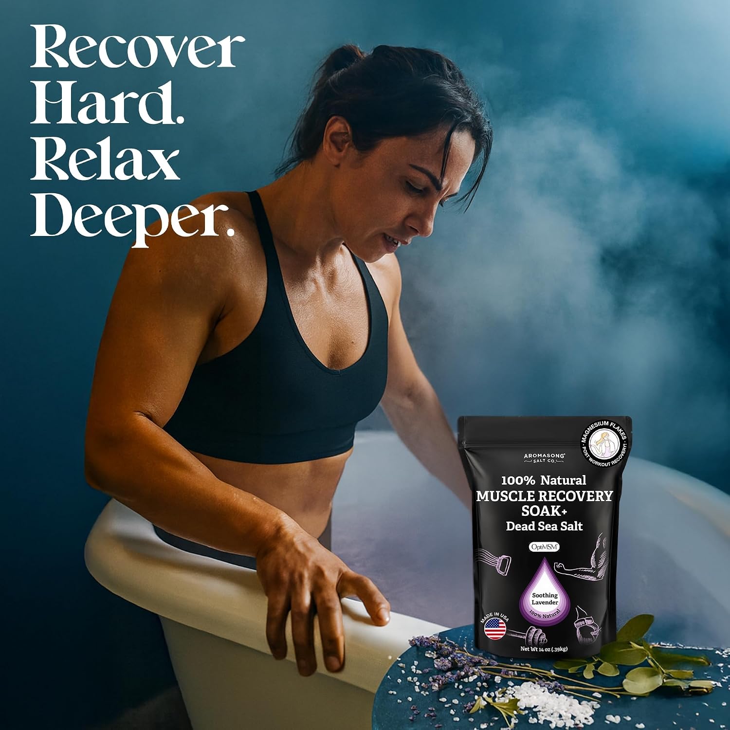 Aromasong Muscle Recovery Bath Soak 3 LB - Natural Bath Salt with Dead Sea Salt, Pure MSM, Magnesium Flakes & Essential Oils for Post Workout Soreness - Made in USA