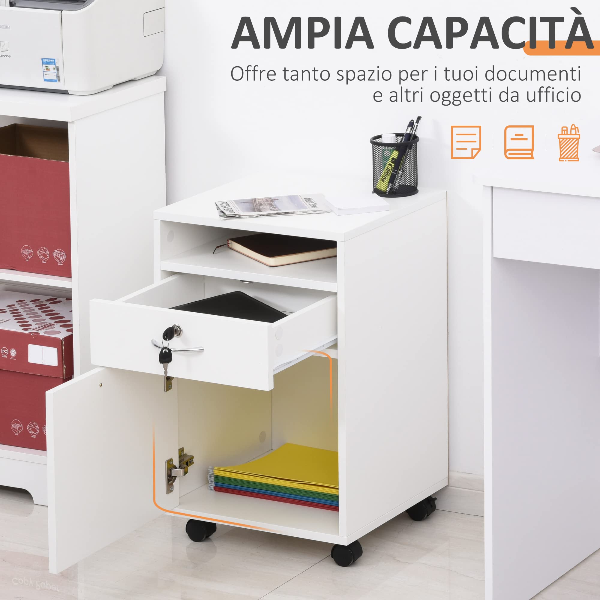 Cassettiera Ufficio in Legno con 2 Chiavi Cassetto Armadietto e 4 Ruote 40x35x60cm