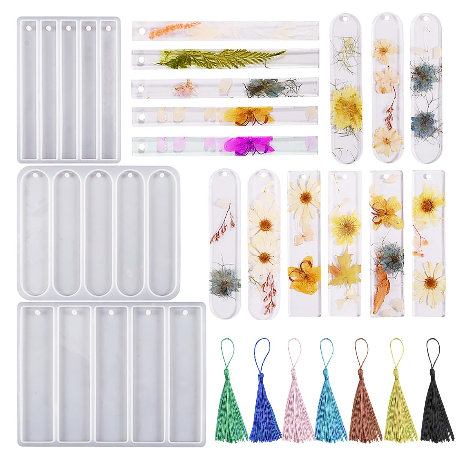 Bekecidi 3 moldes de resina para marcapáginas de silicona, moldes de resina epoxi con 16 borlas coloridas, molde de fundición de resina rectangular para decoración de joyas, manualidades, kit de