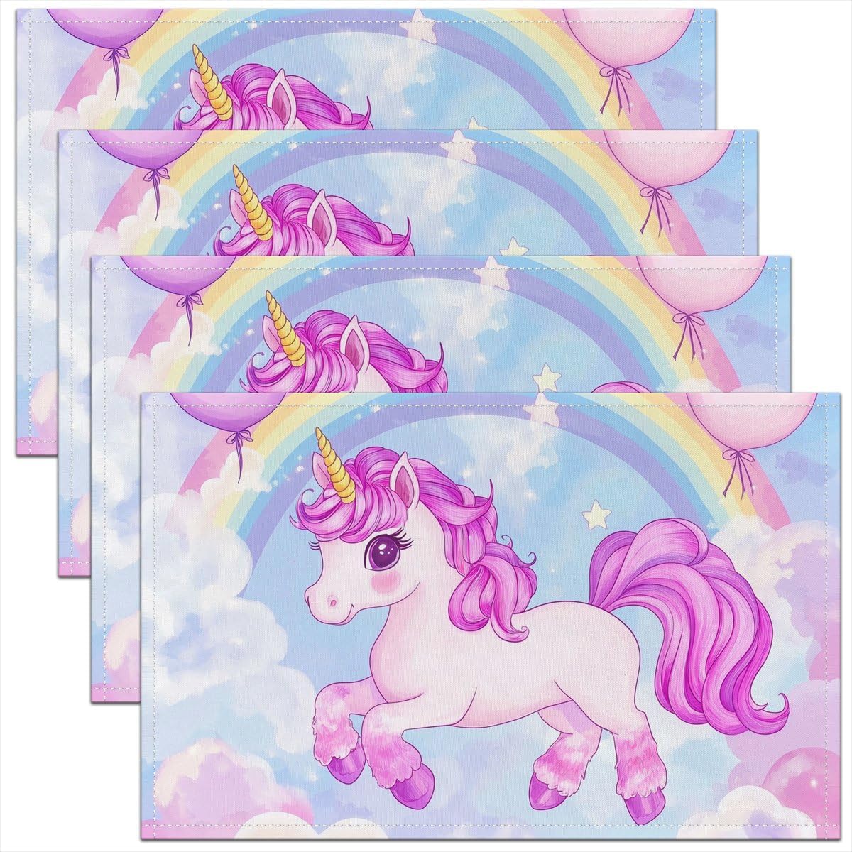 Feelyou Unicorn Placemats Set of 4 Rainbow Table Mats for Party Kitchen Dining Decoration Cute Place Mat for Table Holiday Decor Indoor Outdoor 18"x12" Washable Dreamy Horse Printed Blue Purple