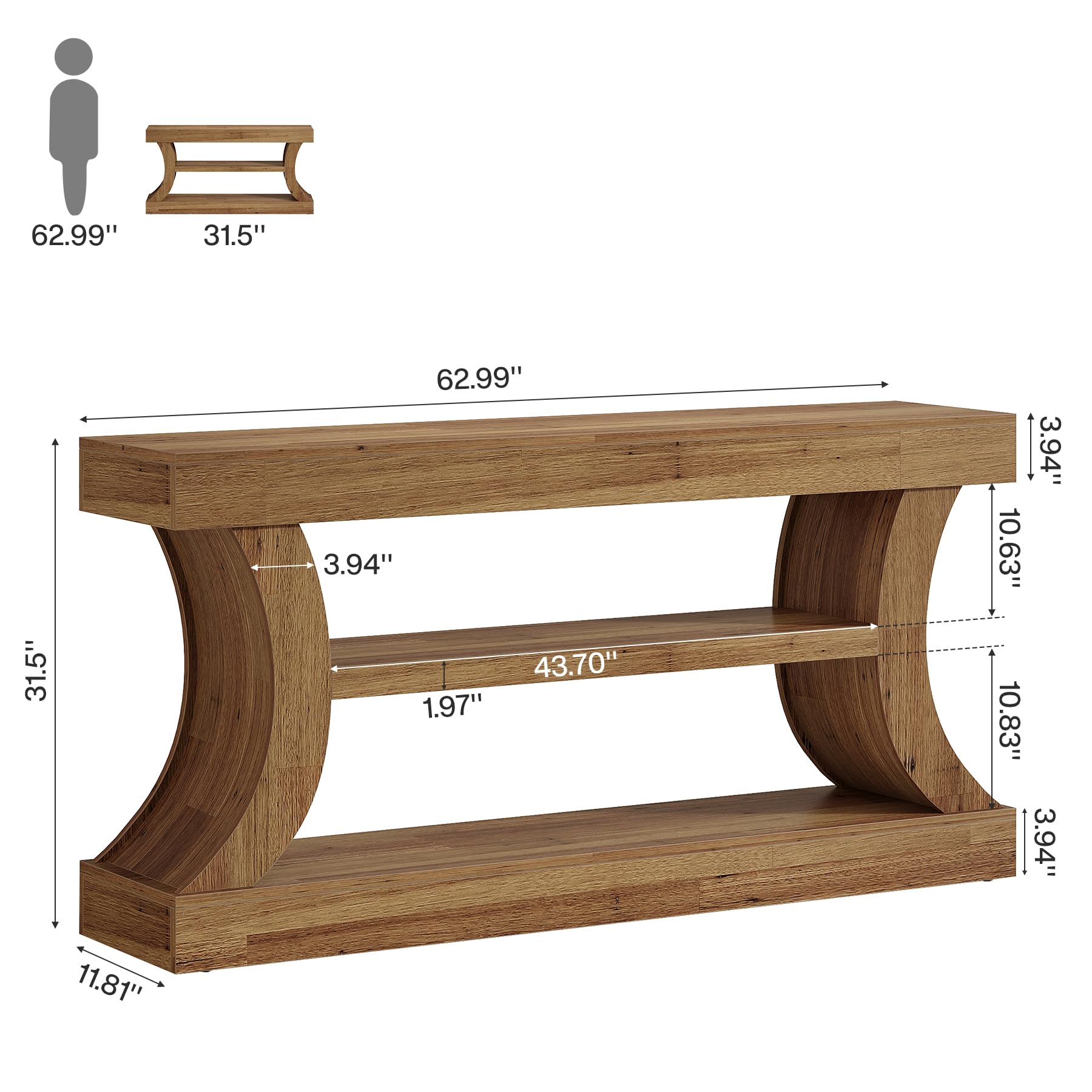 Tribesigns Table console d'entrée de 160 cm avec rangement, console TV avec design incurvé pour salon, chambre à coucher (noyer clair, 30 cm de profondeur x 160 cm de largeur