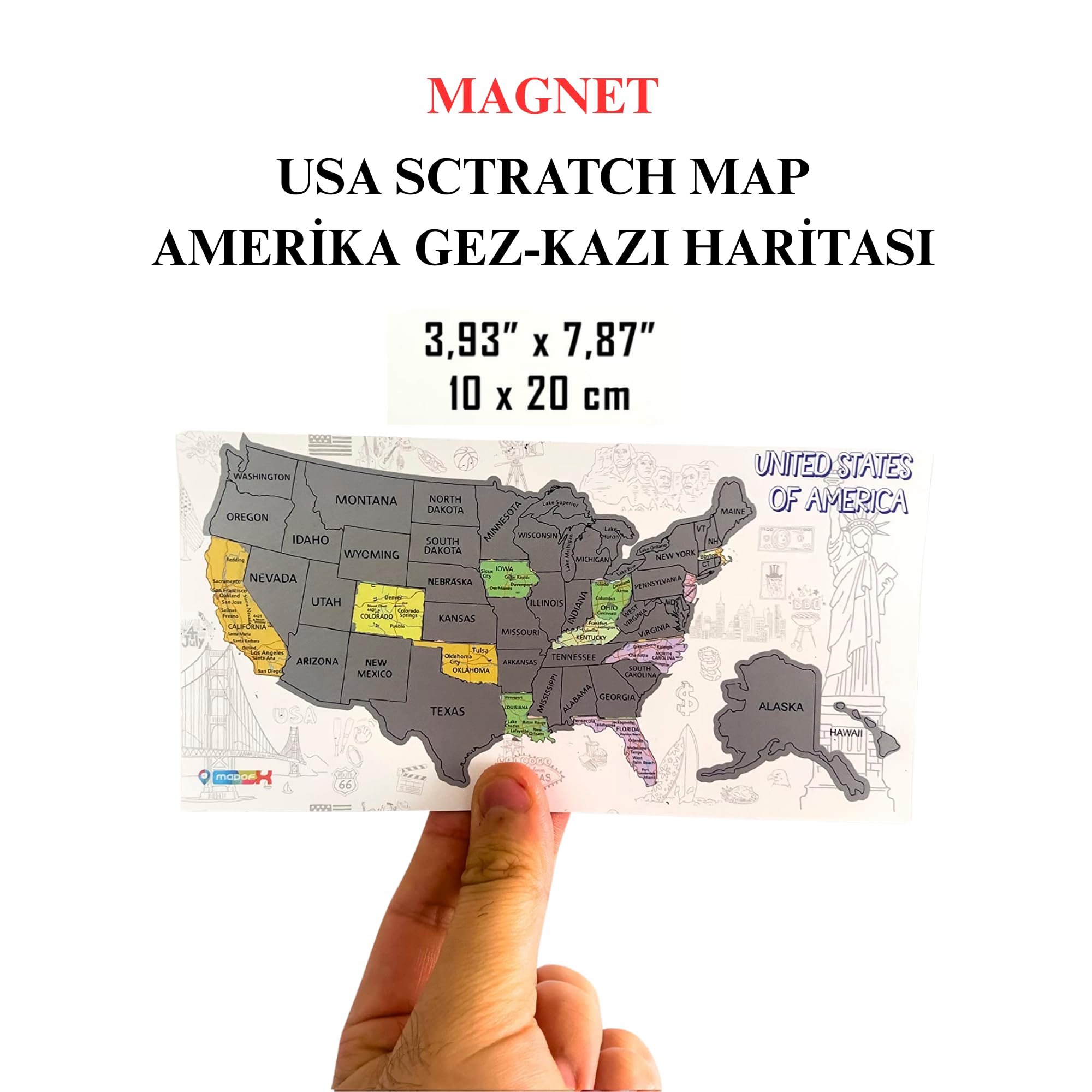 Amerika Gez - Kazı Haritası Magnetli | Gezdiğin Yerleri Kazı | Interaktif Seyahat Haritası | Hediye Seçeneği | 50 Eyalet – Dolap Üzeri Magnet Harita