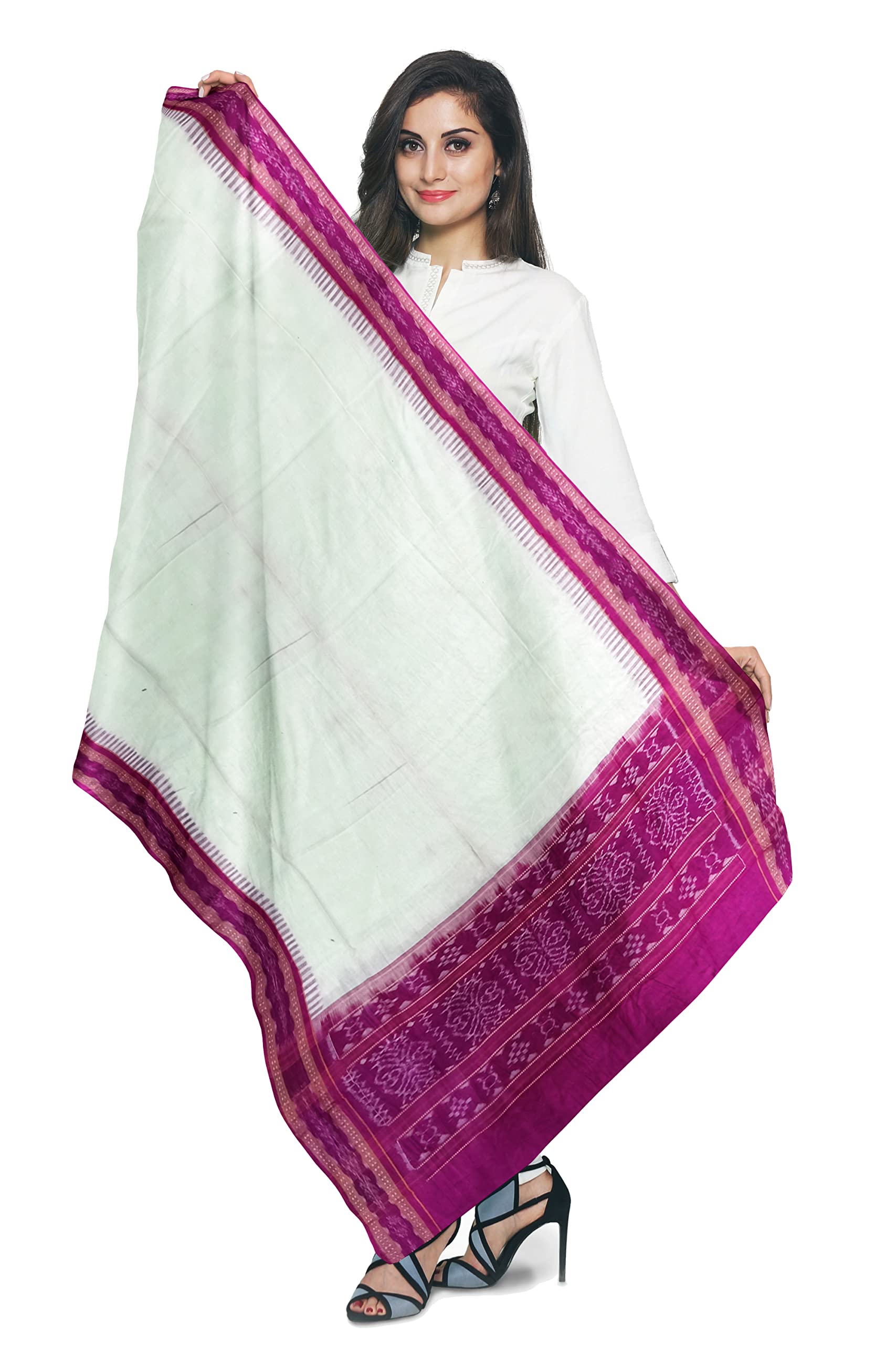 nuapatanapata Women's Solid Sambalpuri Cotton Dupatta with weaving and Ikat woven border from the Weavers of Odisha Temple Border & Ikkat Ladies Girls & Women -38-picture-10