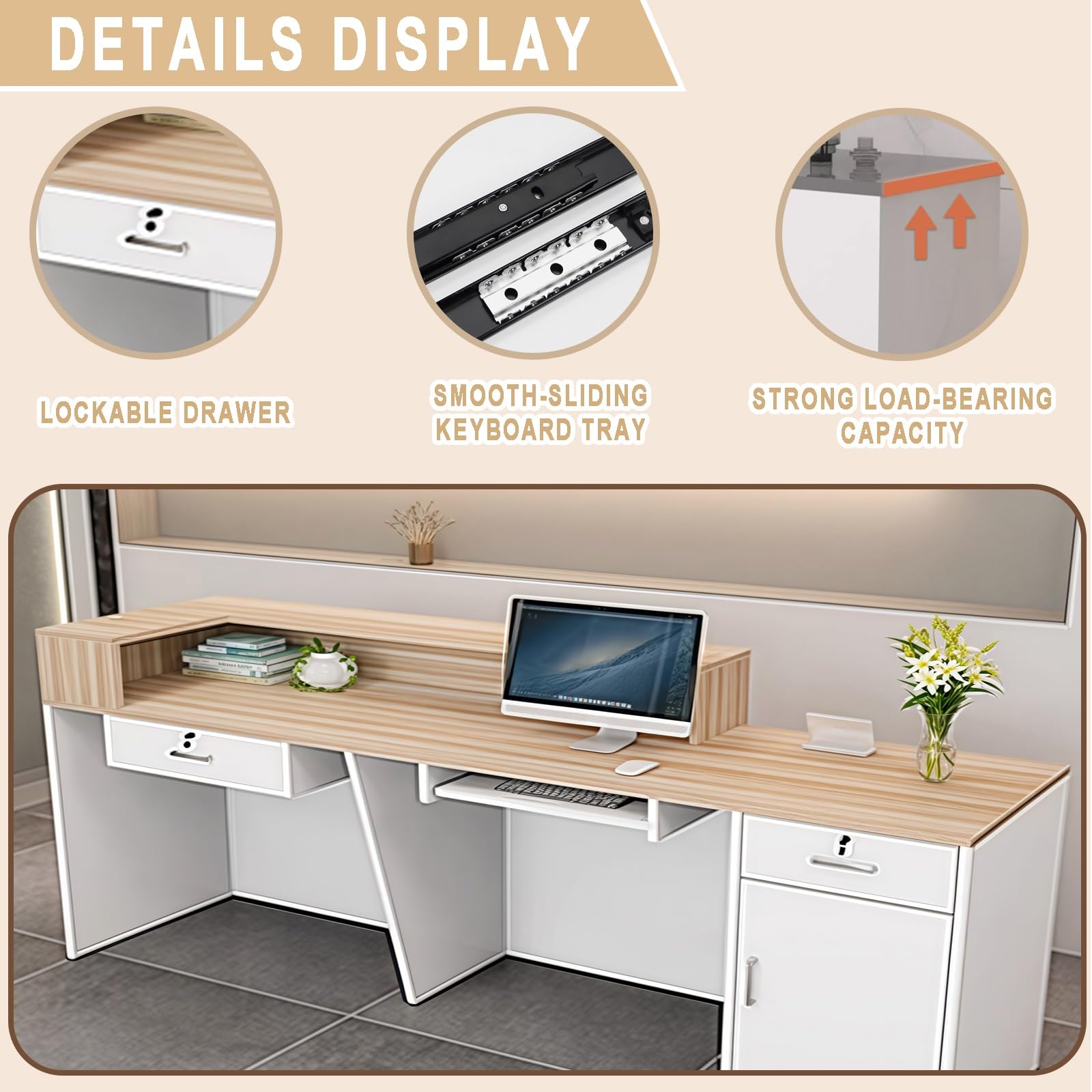 Moderno banco reception in legno con serratura e ripiano per tastiera, 200 x 60 x 100 cm, ideale per cassieri, uffici e aree di lavoro, soluzione di servizio clienti elegante e funzionale