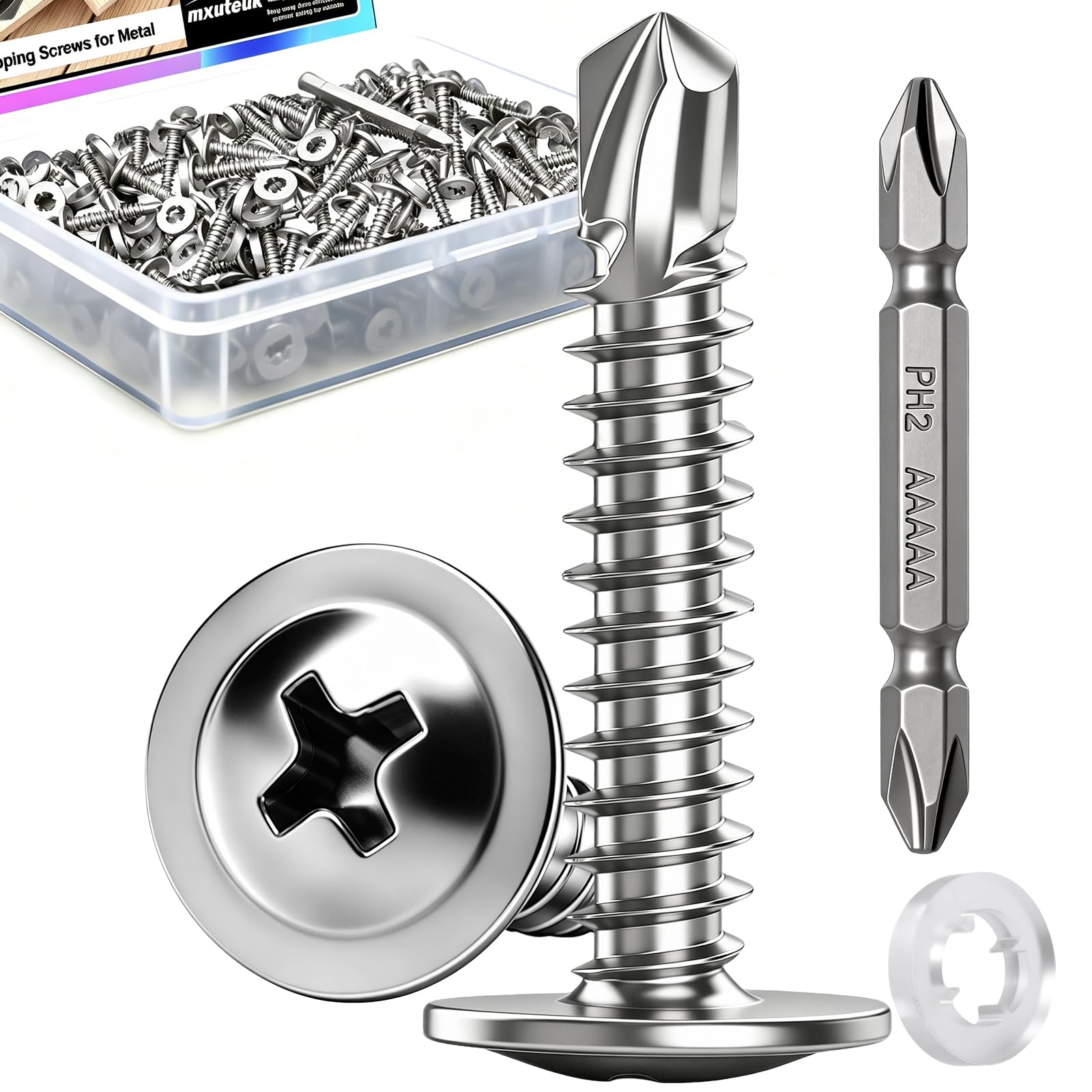 mxuteuk 230PCS #8 Self Tapping Screws for Metal,410 Stainless Steel Self Drilling Screws,1/2",5/8",3/4",1",1-1/4" Truss Head Sheet Metal Screws with Rubber Washers for Metal,Plastic,Wood(115pcs Sets) — Amazon image 15