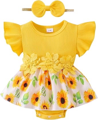 Baby Girl Clothes Summer Outfit Romper Skirt Ruffle Sleeve Cute Bow Headband Infant Bodysuit Set 0-18 Months