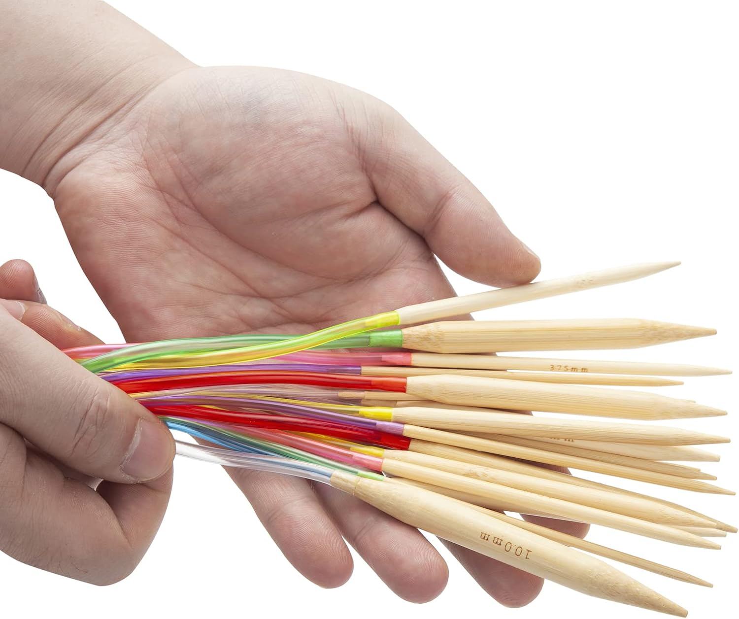 Bamboo Circular Knitting Needles 16 Inch for Beginners, 18 Pairs Wooden Round Knitting Needles for Yarn with Colored Plastic Tube, 18 Sizes US 0-15 (2-10mm), Double Pointed Flexible Knitting Needles