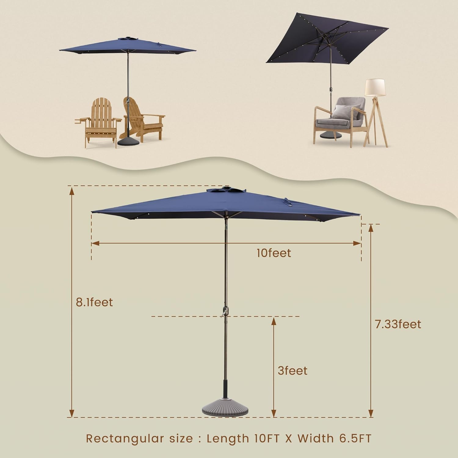 MONDAWE Rectangular Market Umbrella with Lights 10 x 6.5 FT Outdoor Solar LED Patio Umbrella Tilt and Crank Aluminum Commercial Table Umbrella for Pool Backyard Balcony