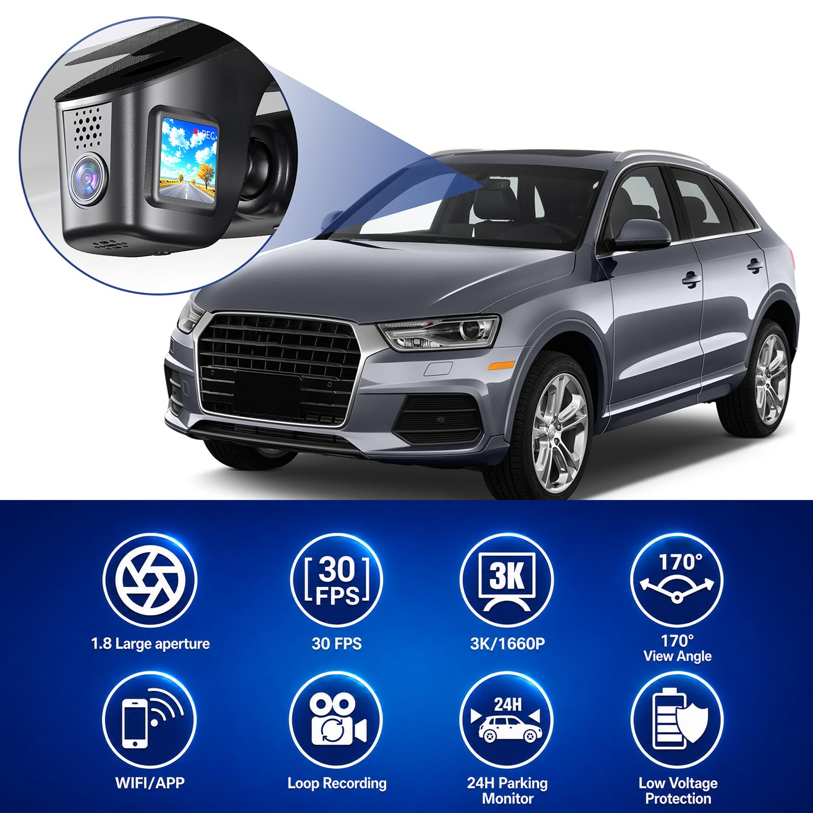 Baiyueao - Cámara de salpicadero 3K mejorada para Audi, A1, A3, A4, A5, A6, A7, A8, Q2, Q3, Q5, Q7, Q8, RS, GT, 2017-2026, tarjeta de 64 GB incluida, monitor de estacionamiento, control de
