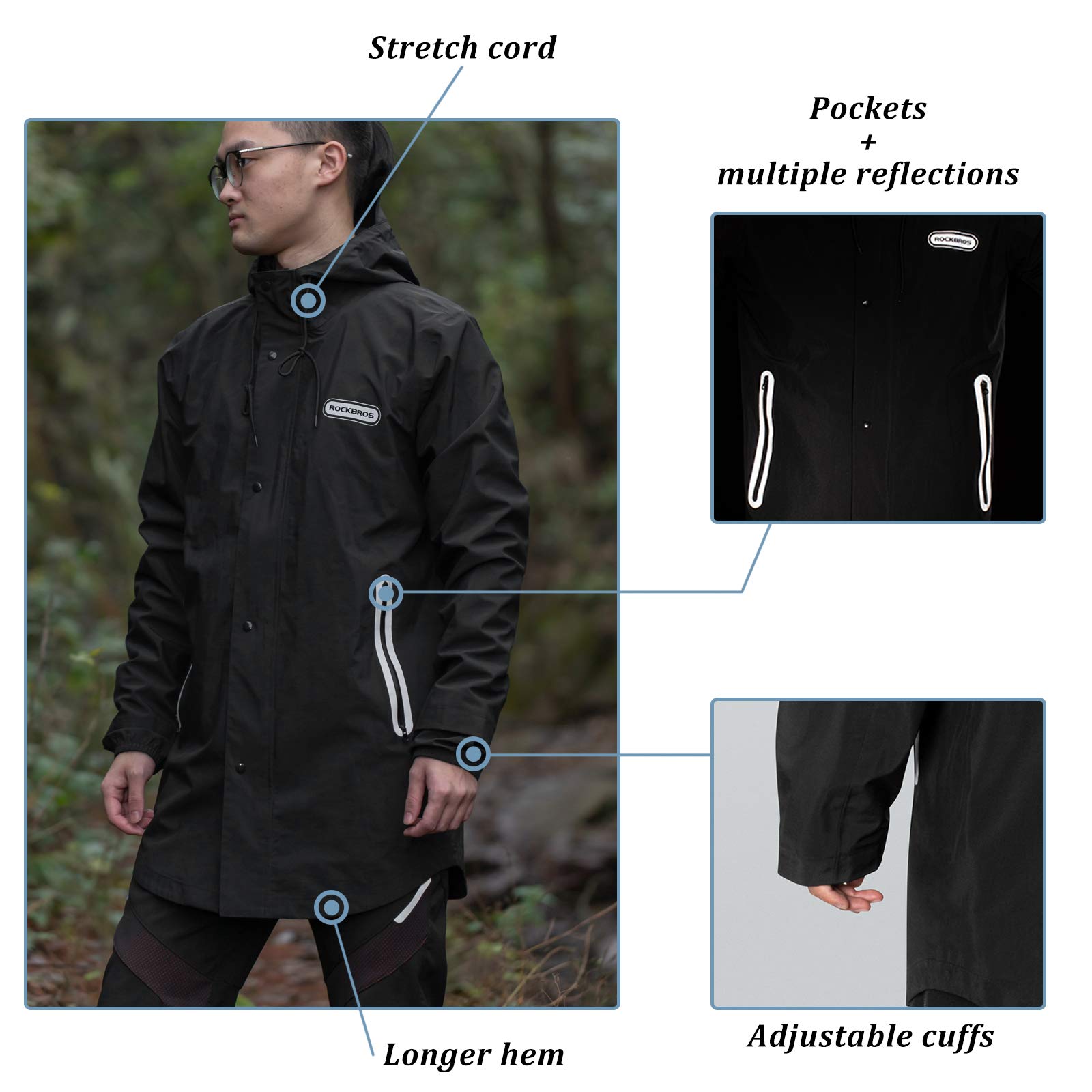 ROCKBROS Veste de Pluie Unisexe Homme Femme Longue Léger avec Pantalon de Pluie, Manteau à Capuche Imperméable pour Sports d'extérieur, Noir M-4XL