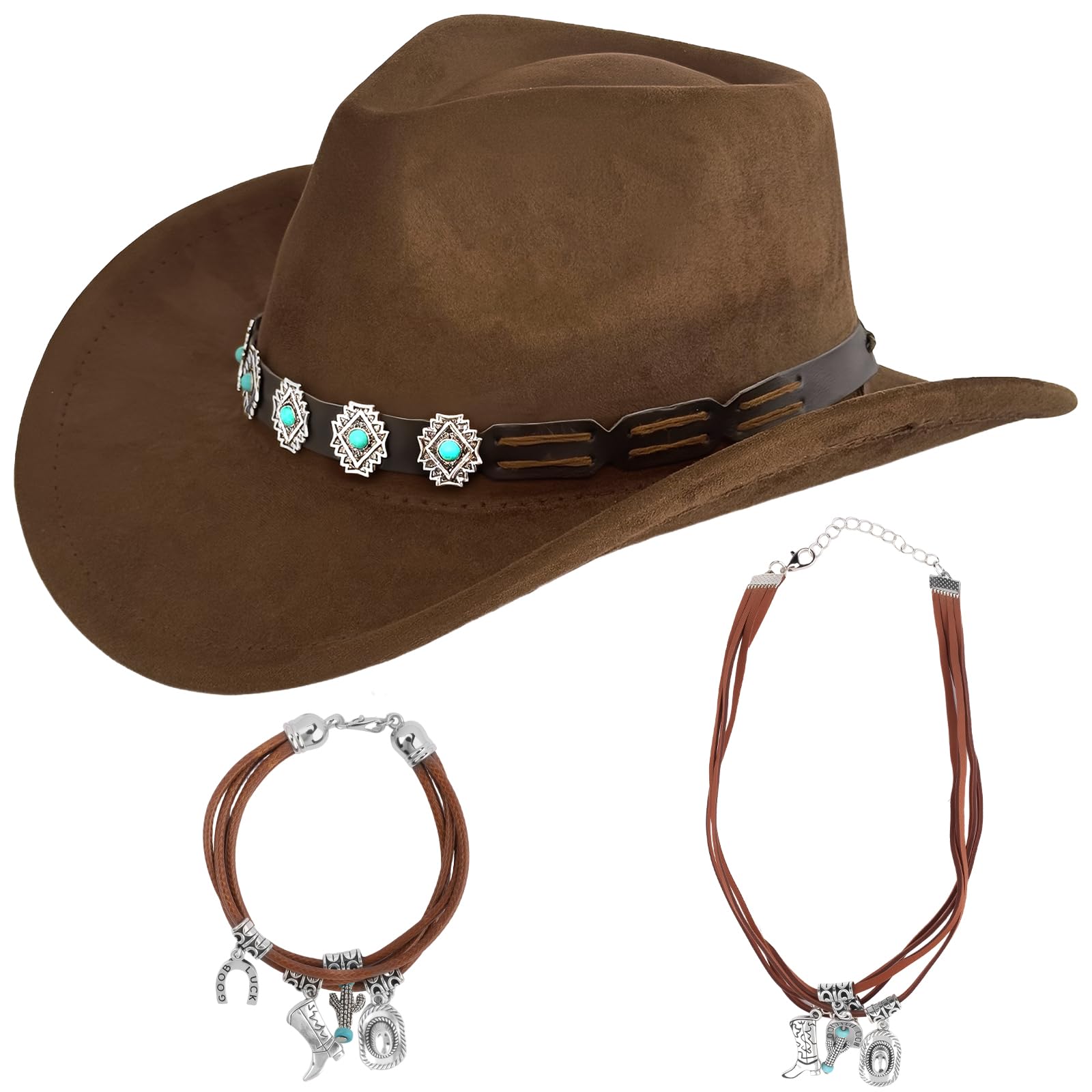 Kyndara 4Pcs Cowboy Hat Accessories for Women Western Cowgirl Costume Set including Wide Brim Hat Detachable Hat Band Bracelet Necklace for Adult Carnival Masquerade Western Theme Parties Cosplay
