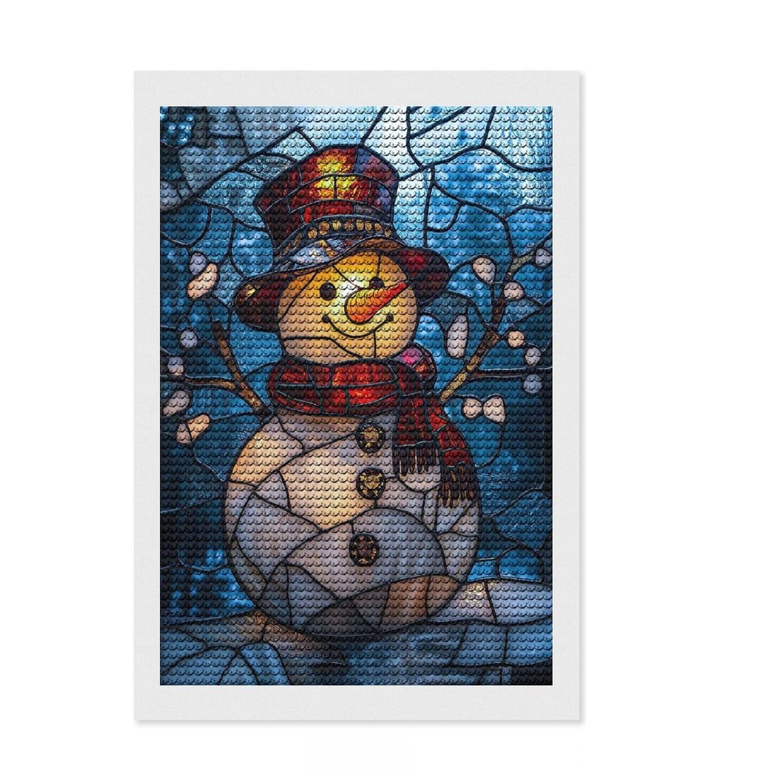 Junmoney Stained Glass Snowman Diamond Art Canvas 8"x12", Adhesive Canvas, Easy to Enjoy, Living Room Decor, Birthday Gift, Simple to Start