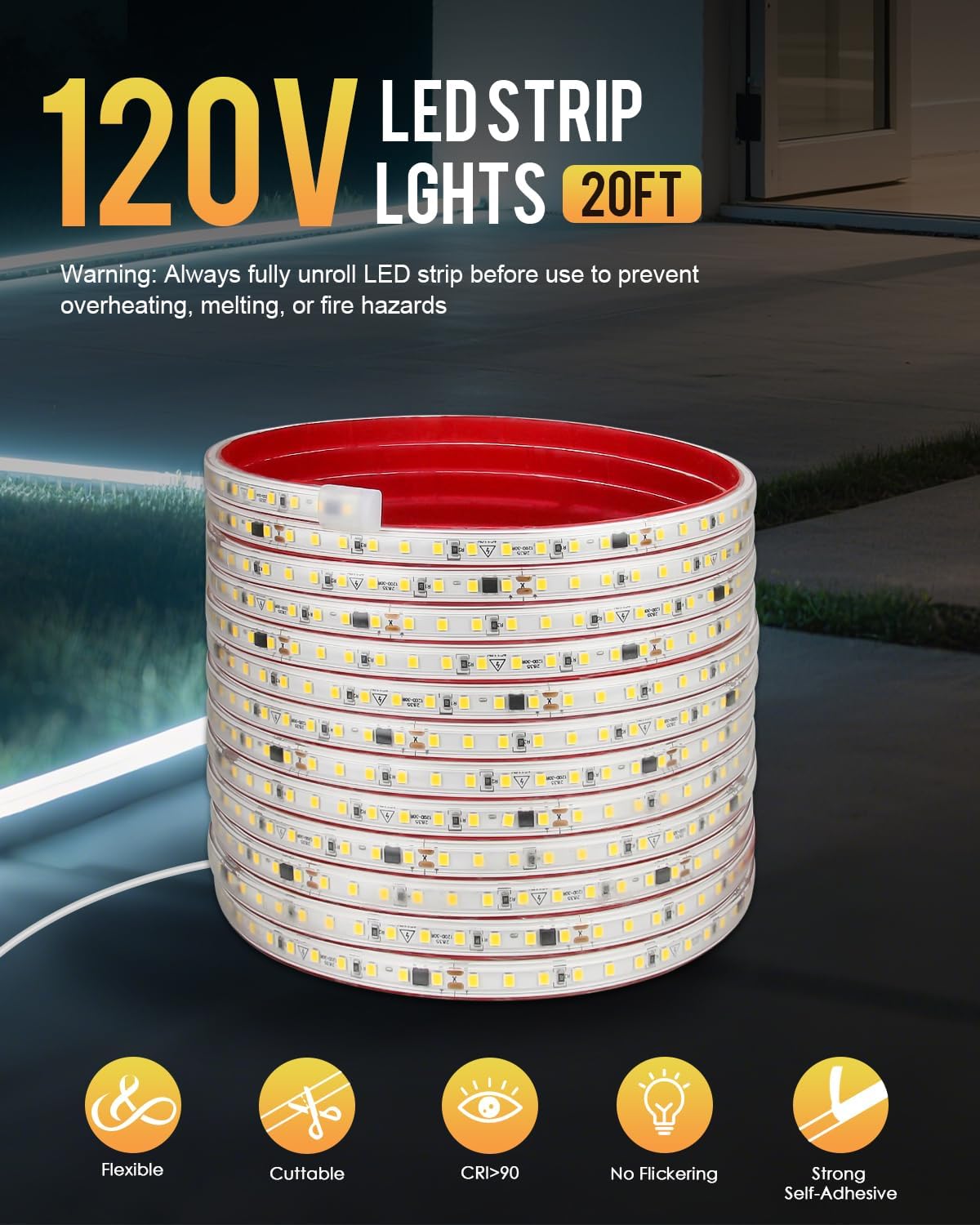 Aclorol 120V LED Strip Lghts 20FT Cold White 6000K Super Bright Rope Lights for Outside IP67 Waterproof LED Light Strip with Slef-Adhesive for Kitchen Cabinets Living Room Deck Yard Garage 720LEDs