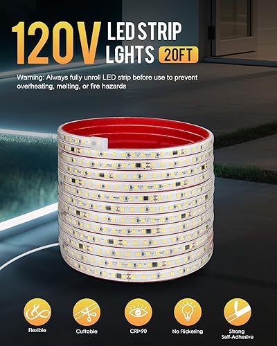 Miniatura 2 de Aclorol Tira de luces LED de 120 V de longitud de 20 pies, color blanco frío, 6000 K, súper brillante, para exteriores, tira de luz LED impermeable