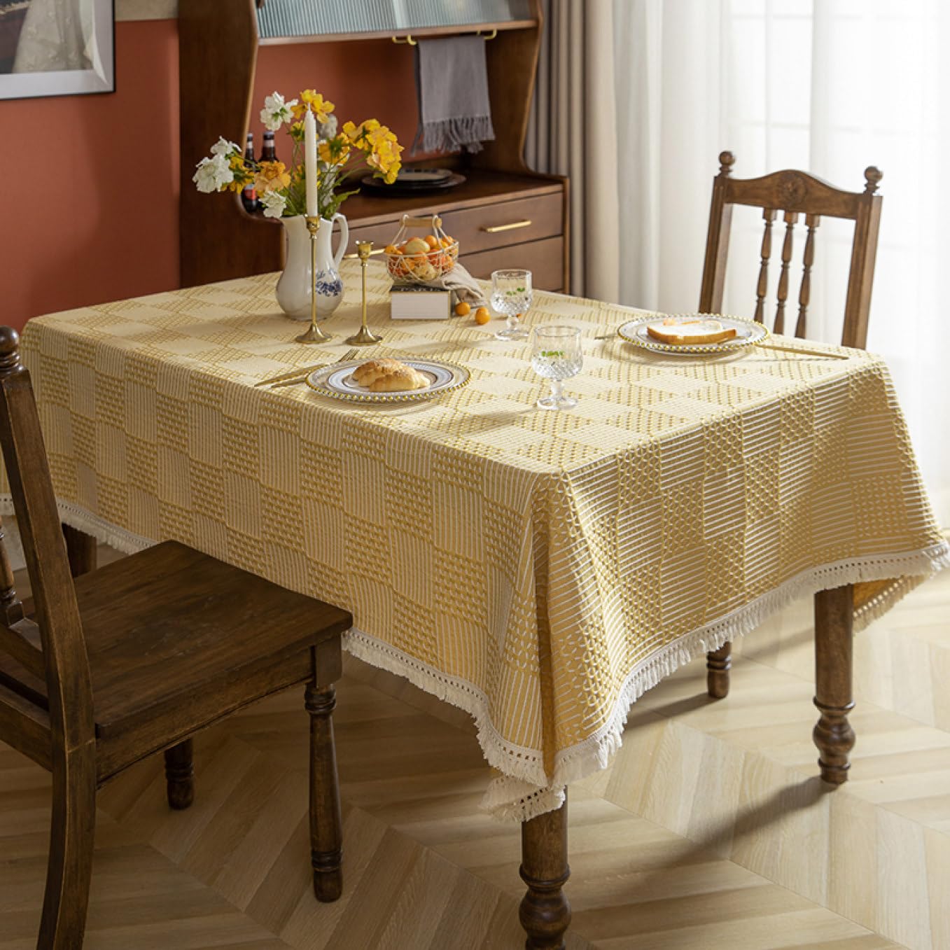 Amazon｜PIRNSDG テーブルクロス 白 インディゴ 格子 プレゼント  