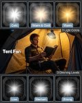 Odoland Portable Tent Fan with LED Lights - Rechargeable Camping Fan with 4 Speed Settings and 3 Light Modes for Hurricane Emergency Outages Camping, RV, Road Trips,Black