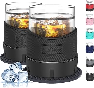 Ourokhome Whiskey Freeze Glasses, Patent Plastic Ice Chiller for Bourbon, Scotch, White Wine, 5 oz Insulated Liquor Tumbler for Men and Women, 2 Sets, with 2 Silicone Cup Mats, Black