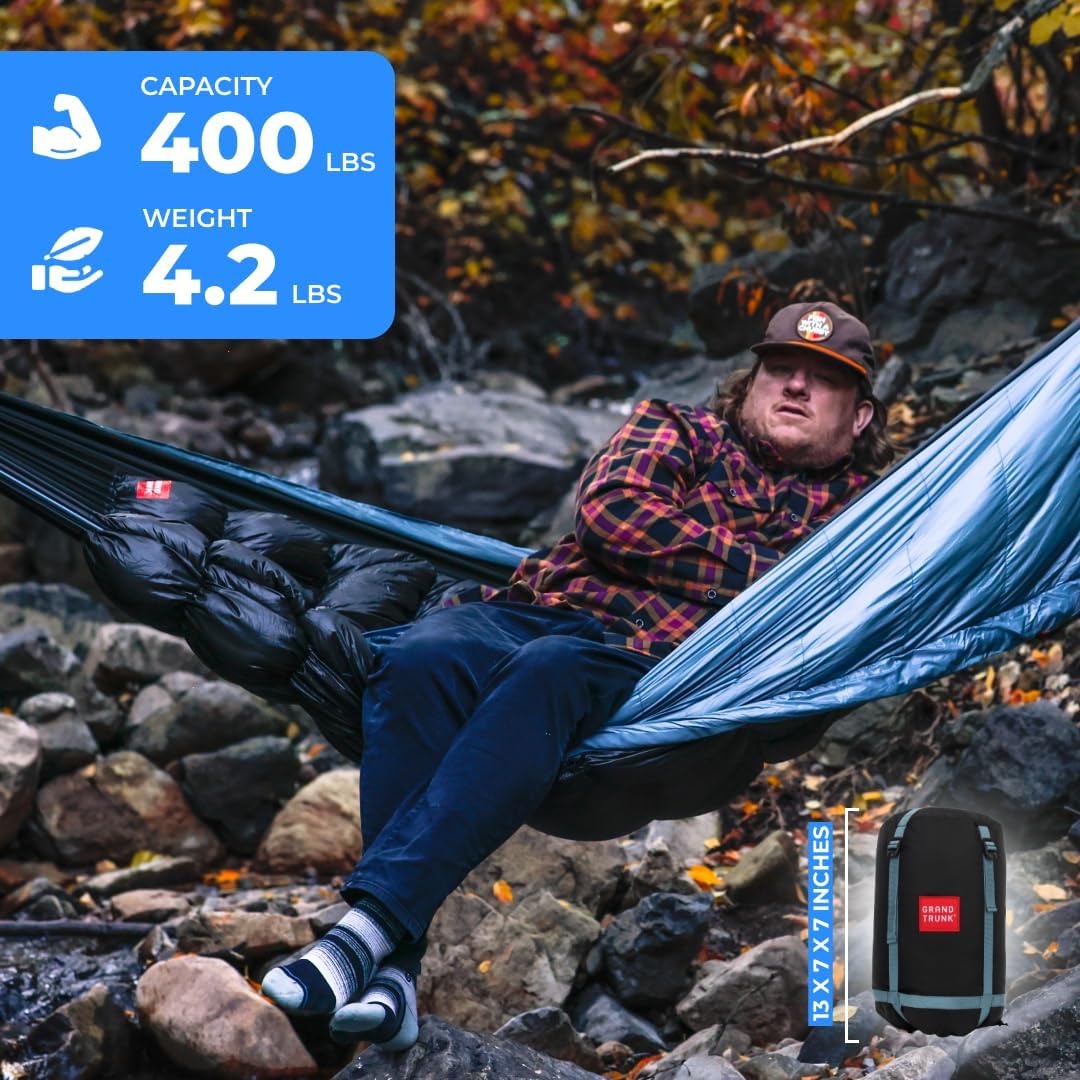 GRAND TRUNK Evolution 20 Down Hammock – Cold Weather Hammock with Integrated Sleeping Bag & Underquilt, 20°F Rated, Lightweight Camping & Backpacking Hammock
