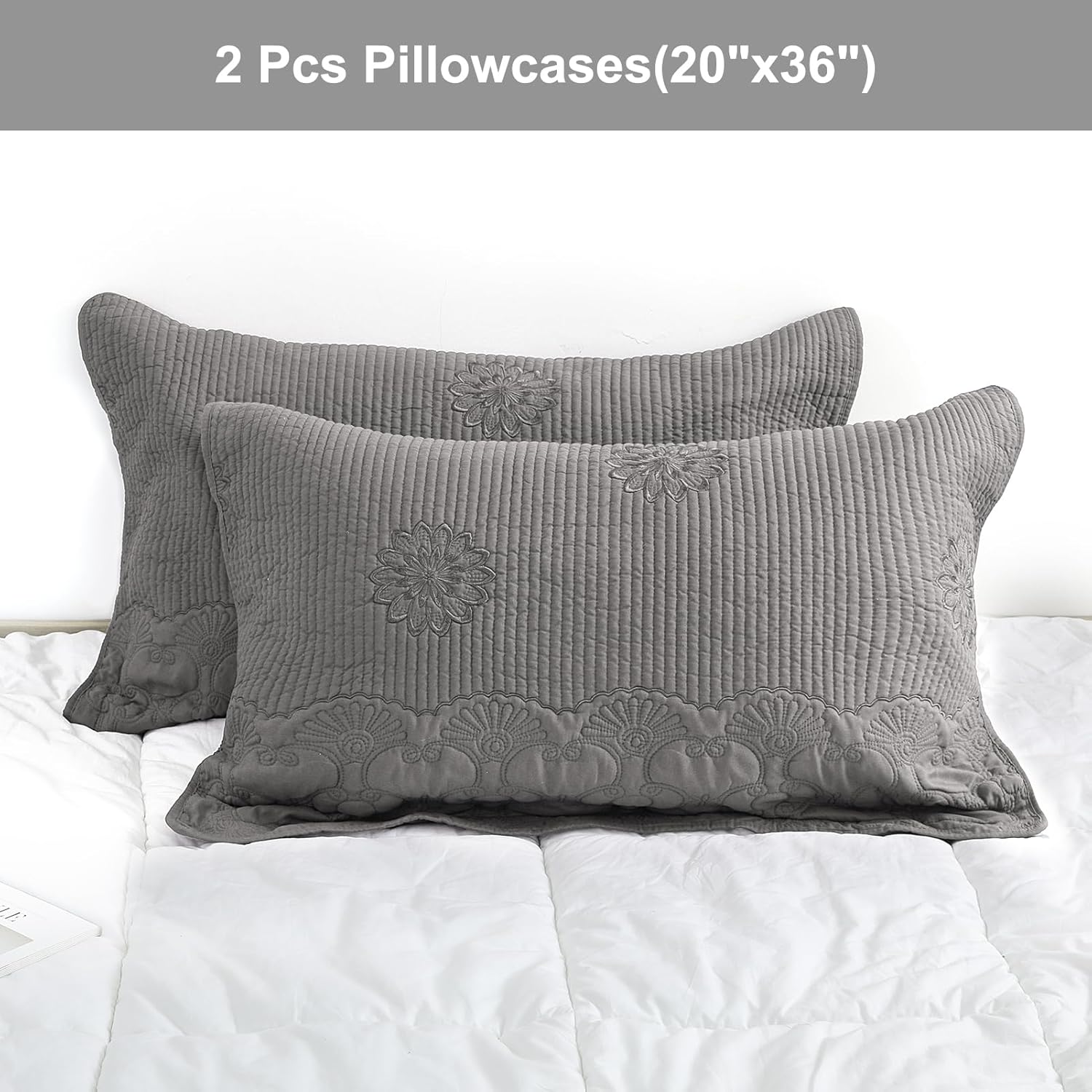 BOSOWOS Pillow Shams King Size Set of 2, Ultra Soft Breathable Quilted Embroidery Pillow Cases 20 x 36 Inches for Sleeping, Decorative Microfiber Bed Pillowcases Easy Care, Gray