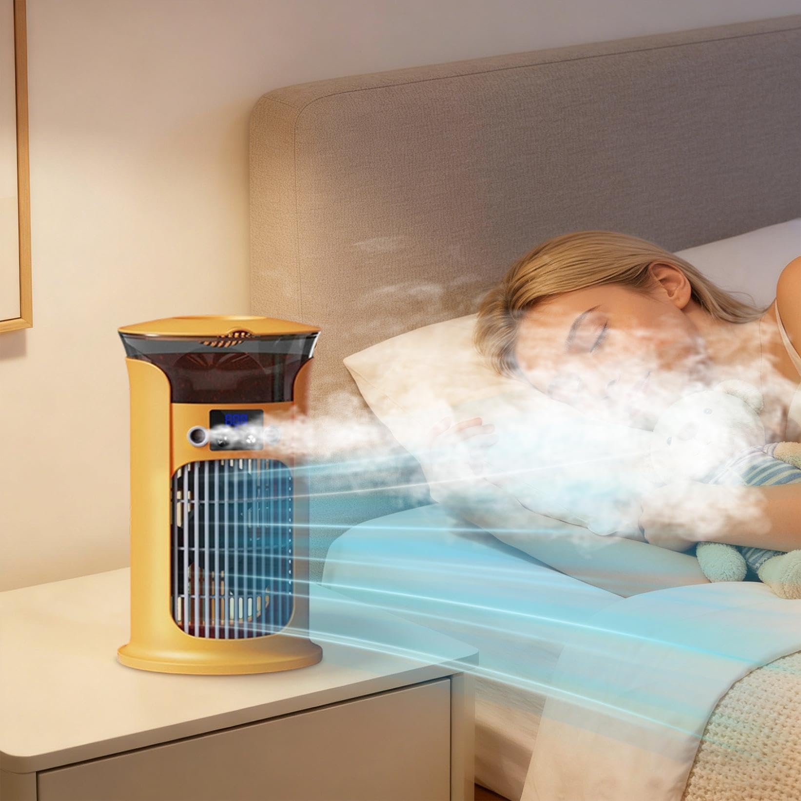 Mini Klimatyzator Przenośny, Wielofunkcyjny 4 w 1, 3 Prędkości Wiatru, Zbiornik na Wodę Możliwość Napełnienia Wodą Zimną lub Lodem, Nocna Lampka LED 7 Kolorów, Do Domu, Biura i Na Zewnątrz (Żółty)