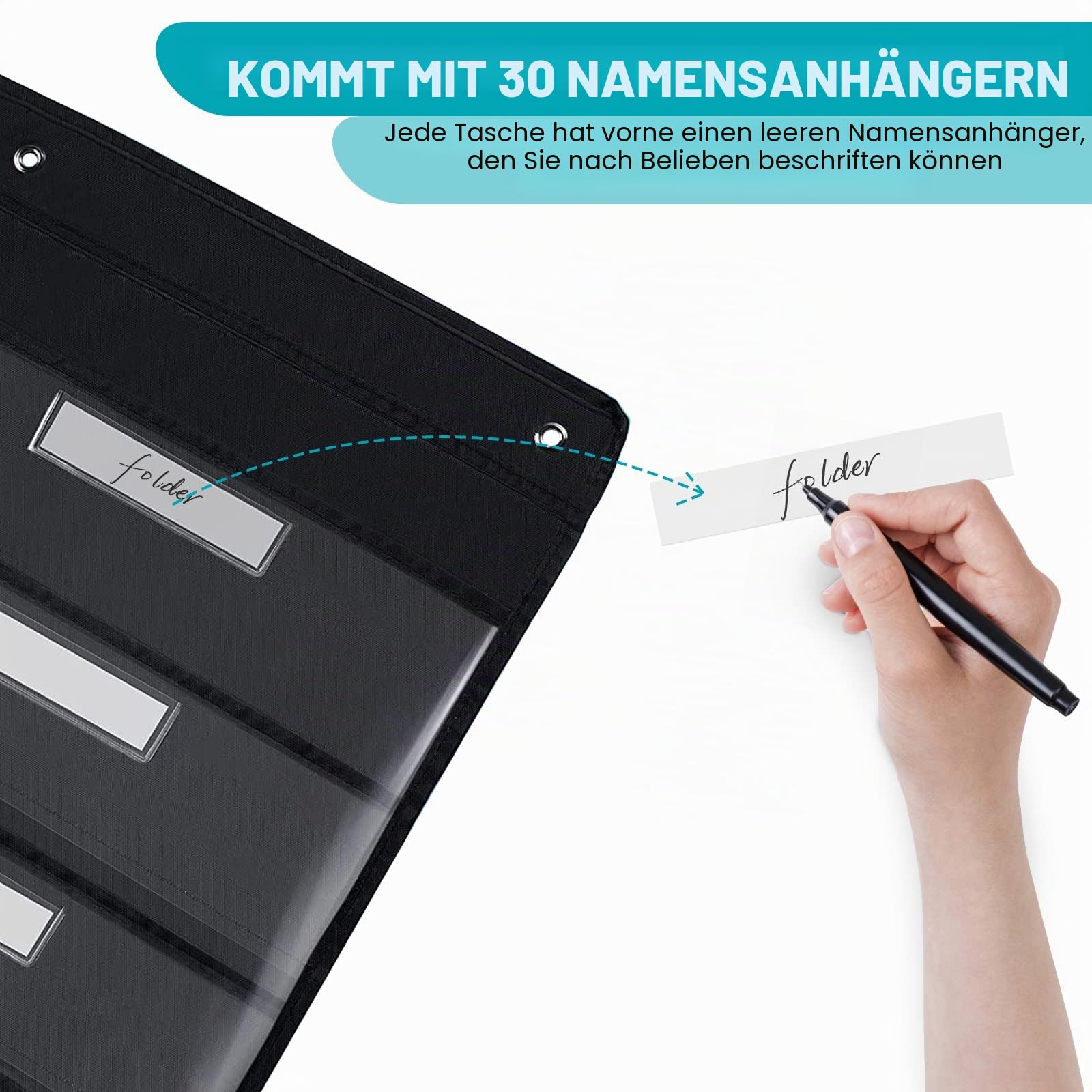 KIKIGOAL Hängemappe mit 30 Fächern, robuste Aufbewahrungstaschentabelle mit 30 Namensschild-Taschen für Aktenordner und Papier, Türhaken, Etiketten (30 Taschen)