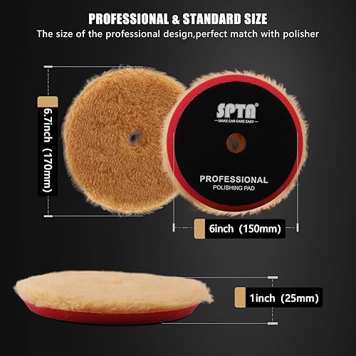 Miniatura 2 de SPTA Almohadillas de pulido de lana, 3 almohadillas gruesas de lana de automóvil de corte medio grueso de 6 pulgadas (5.906 in), con gancho y bucle
