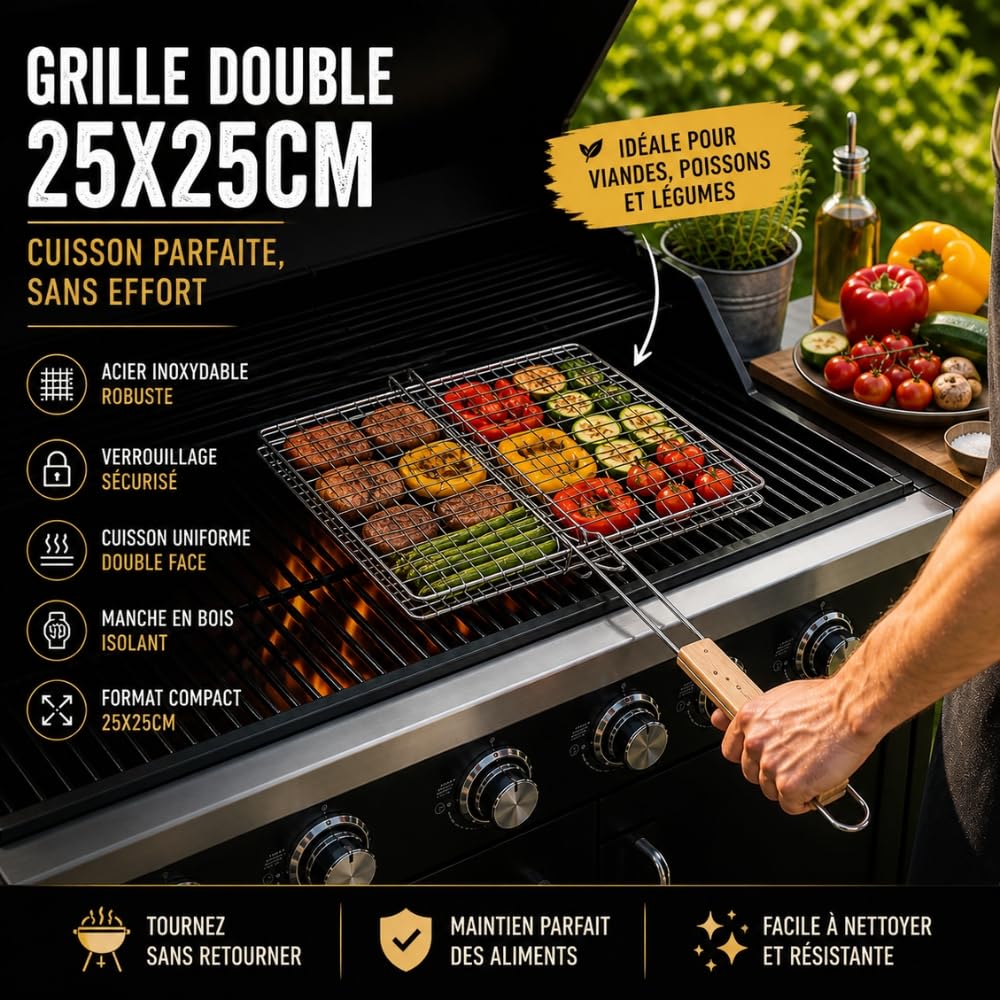 Double Grille Barbecue Carrée en Acier Chromé, 25x25 cm, Lot de 2, Manche Ergonomique, pour Viandes, Poissons et Légumes