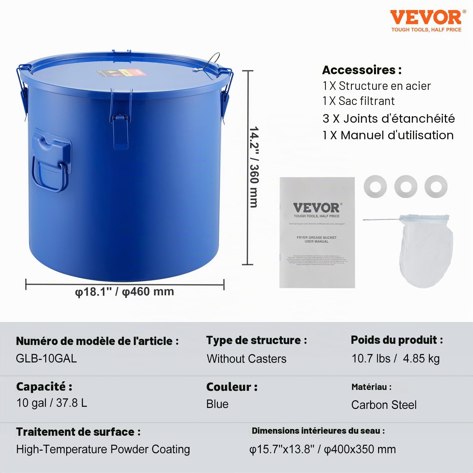 VEVOR Collecte Huile et Graisse Usagées, 30 L, Fut de Récupération d'Huile pour Friteuse en Acier au Carbone, Récipient d'Huile avec Couvercle, Pinces de Verrouillage, Sac Filtrant pour Cuisine, Bleu
