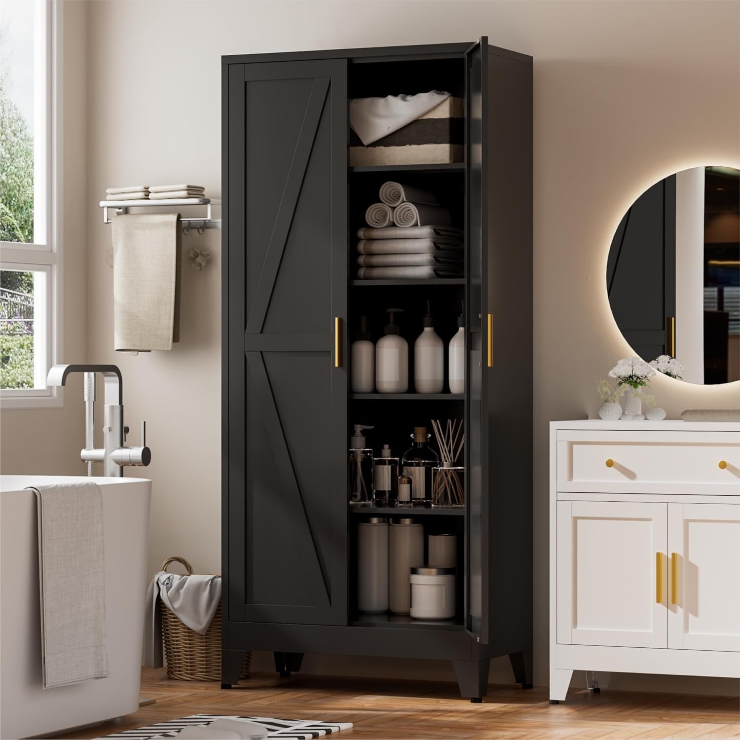 Metal Kitchen Pantry Cabinet,71" Black Farmhouse Storage Cabinet with 2 Vintage Barn Doors and 4 Adjustable Shelves, Rustic Freestanding Cupboard for Kitchen,Home Office Living Room,Dining Room